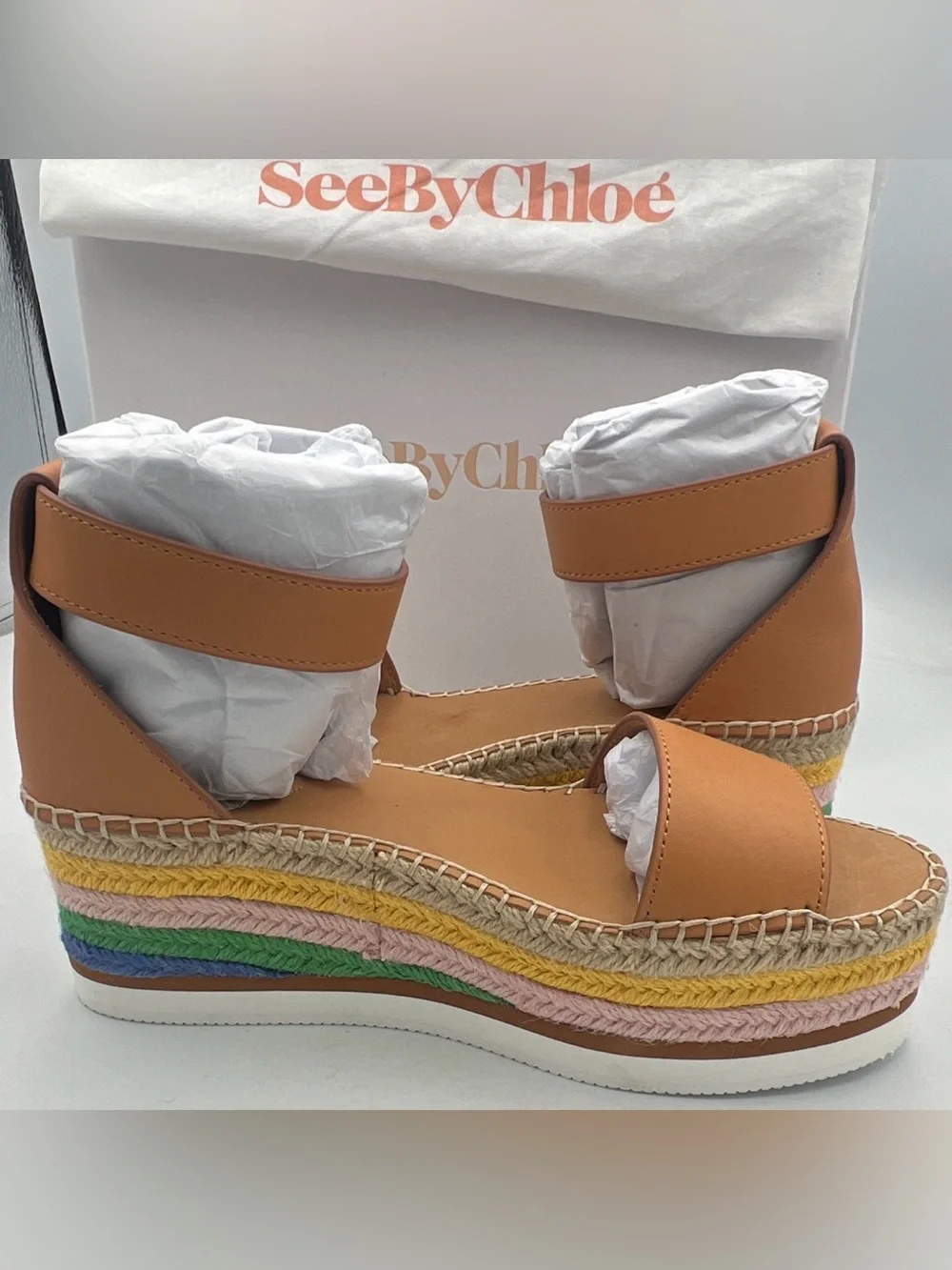 See by Chloé Glyn Tan Leather Espadrille Platform Wedge Sandal EU 40 NEWw/BOX